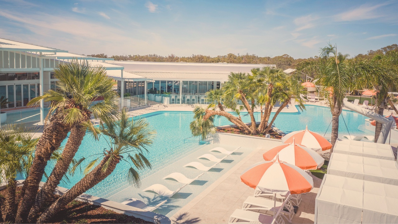 Palm Springs-inspired lagoon pool at Trentham Waters Resort near Mildura on the Murray River